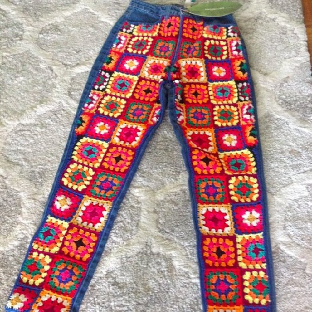Farm Rio Granny Crochet Squares Jeans Boho Hippie Festival - Picture 8 of 11